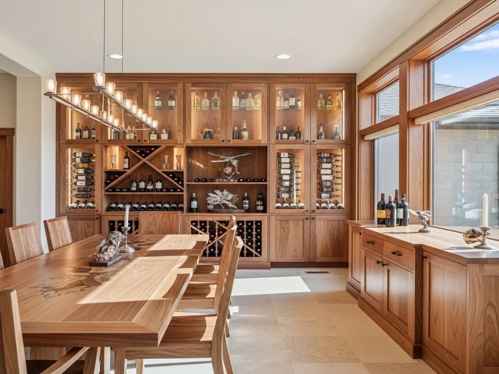 Eagle Dining Room Wine Display Wall — representative custom cabinetry by Alderwood Cabinets