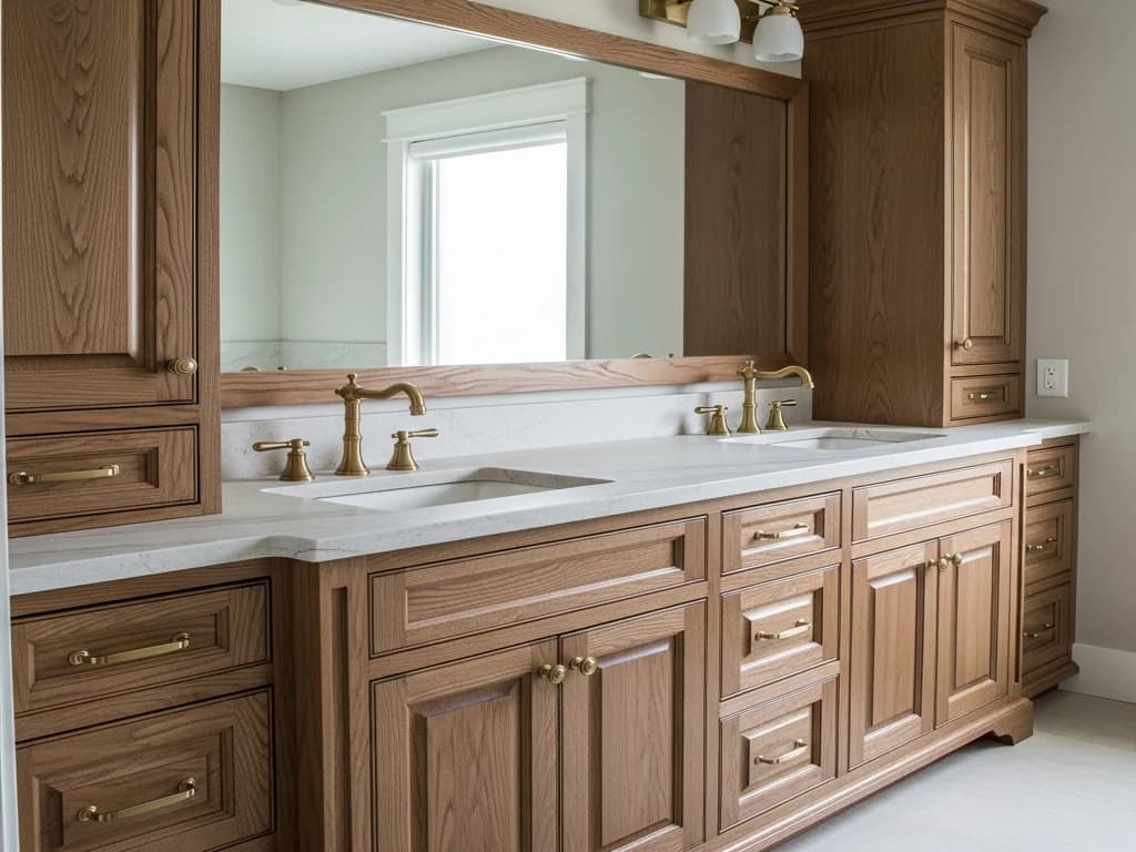 Meridian Primary Bath Vanity in Walnut — representative custom cabinetry by Alderwood Cabinets