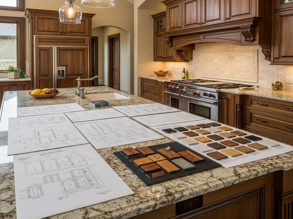 Cabinet shop drawings and finish samples beside a finished custom kitchen — Alderwood Cabinets trade partnership